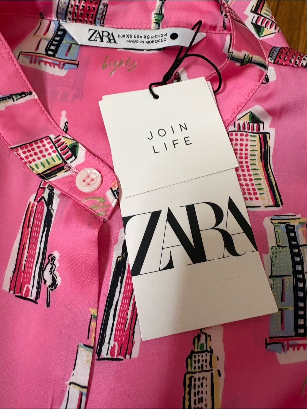 Zara Bright Pink Cityscape Button-Up Blouse